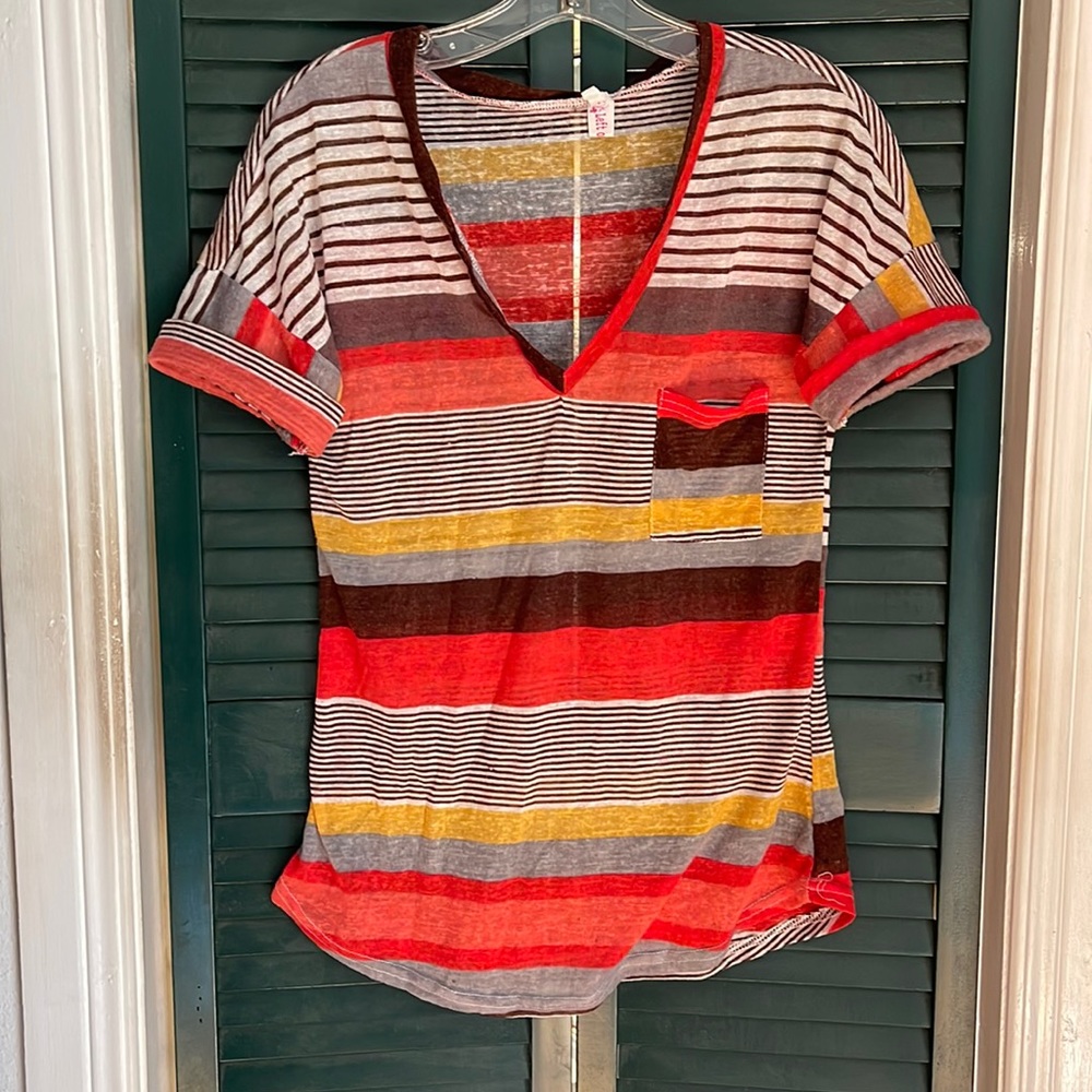 Left to right, sheer, woven, multicolored, striped, Tee